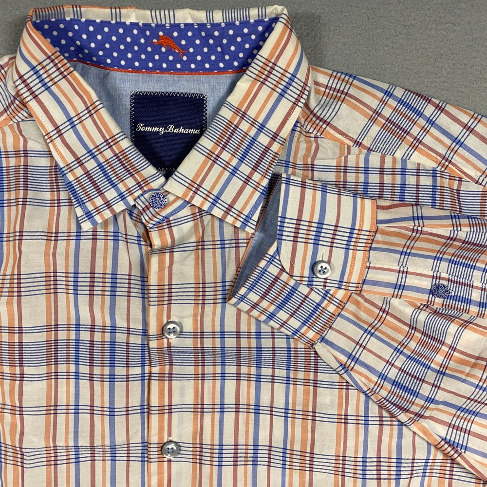 Tommy Bahama Button Down Shirt Mens Large Multi Plaid Cotton Silk Long Sleeve